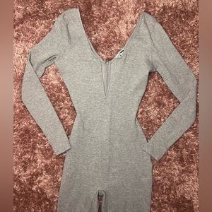 Fashion Nova Ribbed Gray  Deep V Long Sleeve Jumpsuit